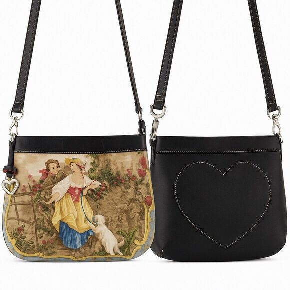 Brighton Reversible Tapestry & Black Leather Shoulder Bag Crossbody Heart Charm - Picture 1 of 14